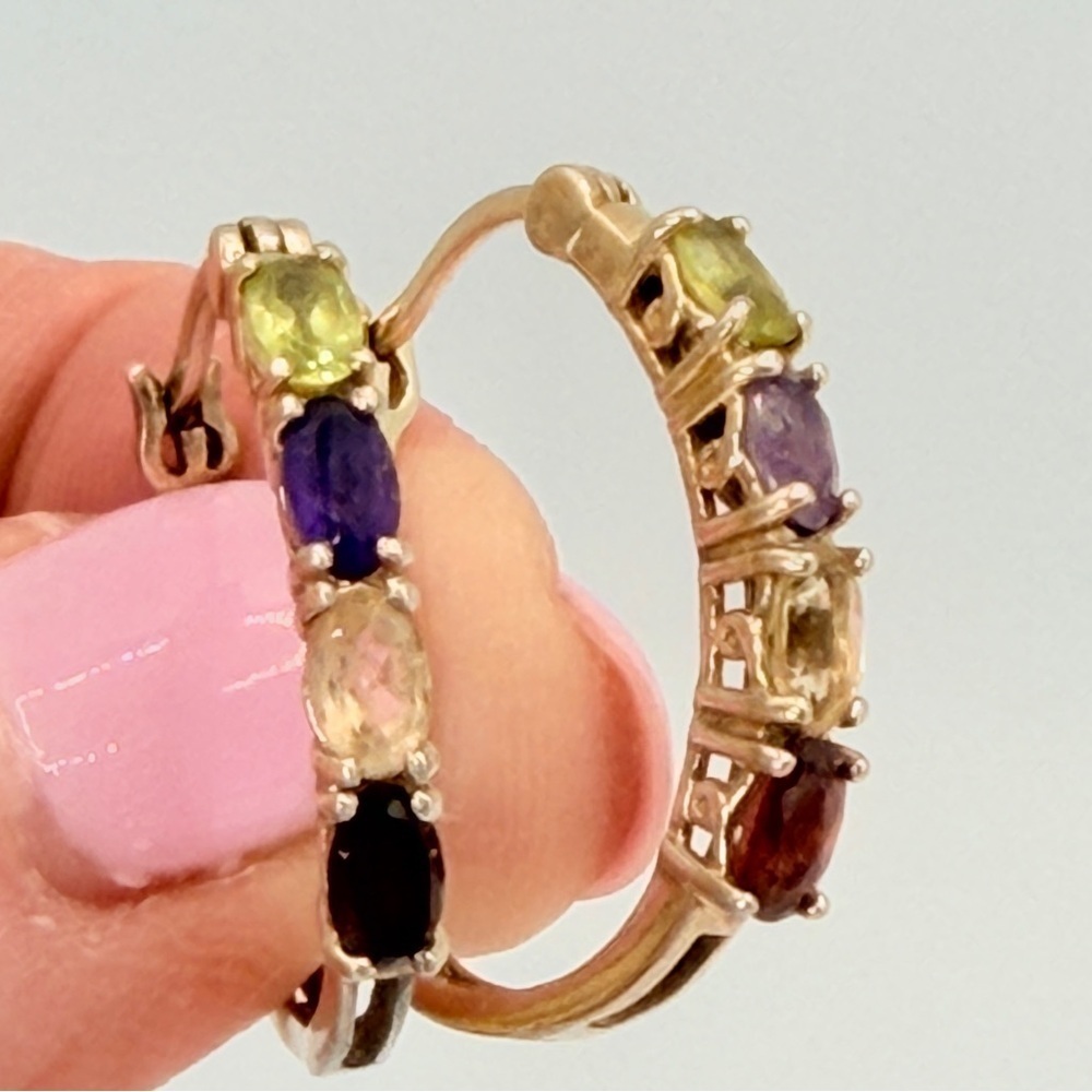 Estate Gold Vermeil over 925 Silver Genuine Gemstone Hoop Earrings